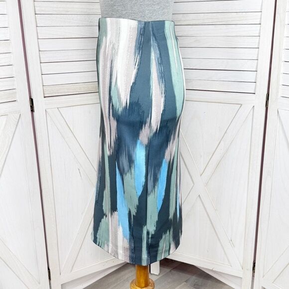 NY & Comp. Paint Stroke Print Stretch Scuba Knit Pencil Skirt Blue Grey 2 - Picture 2 of 13